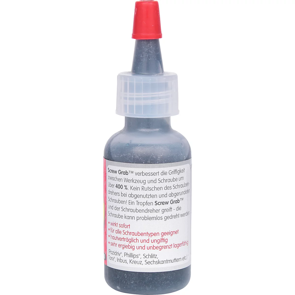 Kleine Flasche mit rotem Deckel und Etikett. Text auf dem Etikett: Screw Grab verbessert die Griffigkeit.